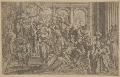 Saint Roch vasemmalla jakoi almuja hänen ympärilleen kokoontuneelle ihmisryhmälle A..., n. 1607. tekijältä Francesco Brizio
