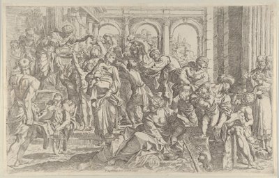 Saint Roch vasemmalla jakoi almuja ympärilleen kokoontuneelle ihmisryhmälle, af..., n. 1590-1600. tekijältä Francesco Brizio