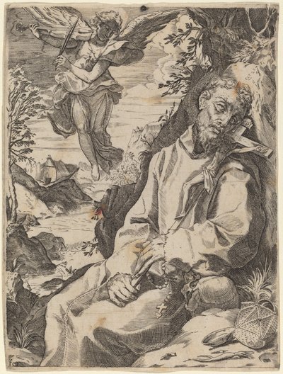 Musiikkienkelin lohduttama Pyhä Franciscus tekijältä Francesco Carracci after Agostino Carracci
