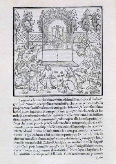 Nymfit ja Polian rakastaja, kuvitus Francesco Colonnan (n.1432-1527) teoksesta "Hypnerotomachia Poliphili". tekijältä Francesco Colonna