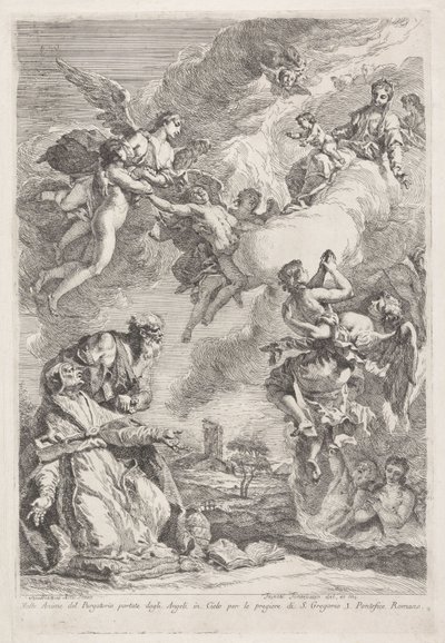 Pyhät Gregorius Suuri ja pyhä Hieronymus rukoilevat kiirastulessa olevien sielujen puolesta Molte Anime del Purgatorio portate dagli Angeli in Cielo per le pregiere di S. Gregorio I. Pontefice Romano (otsikko esineessä) tekijältä Francesco Fontebasso