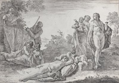 Yhdeksän hahmoa lähellä Herm of Pan, julkaisusta Bacchanals and Histories, 1744. tekijältä Francesco Fontebasso