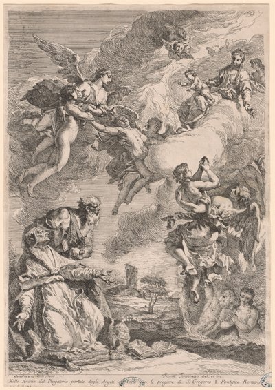 Paavi Gregorius Suuri ja Saint Vitale rukoilevat sielujen puolesta kiirastulessa tekijältä Francesco Fontebasso, after Sebastiano Ricci