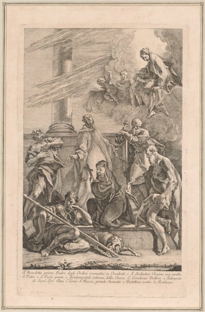 Madonna ja lapsi kahden enkelin ja pyhimysten kanssa Scholastica, Benedict, Roch, Peter, Paul ja Jerome tekijältä Francesco Fontebasso after Sebastiano Ricci