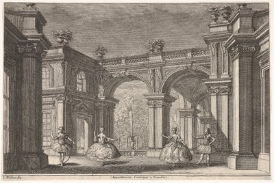 Kaksi naista ja kaksi herraa tanssimassa koristeellisessa arkkitehtonisessa ympäristössä, suihkulähde osoitteessa..., 1765. tekijältä Francesco Galli Bibiena