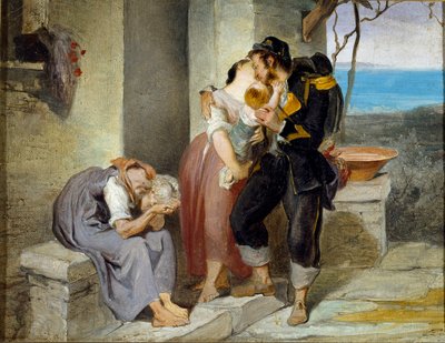 Sotilaan lähtö Perheestä sotilas jättää kyyneleissään vaimonsa ja lapsensa lähteäkseen sotaan. Francesco Gandolfin (1824-1873) maalaus Dim. 27x38 cm Genes Nervi, Civica Galleria d