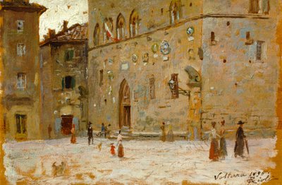 Francesco Giolin (1846-1922) Volterran aukiolla, öljy paneelille tekijältä Francesco Gioli