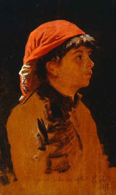 Francesco Giolin (1846-1922) punainen huivi, öljy paneelille, 28x17 cm tekijältä Francesco Gioli