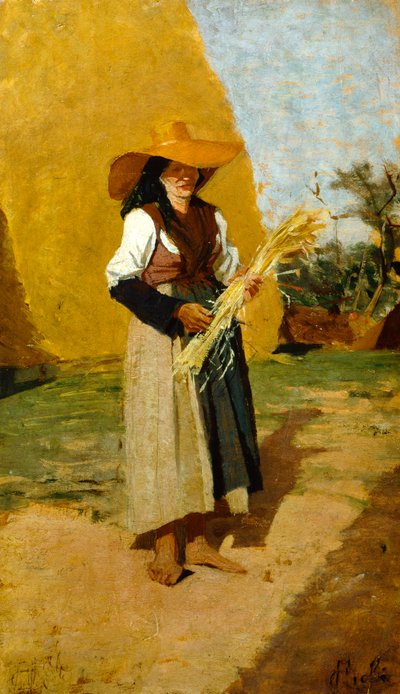 Francesco Giolin (1846-1922) tutkielma Gleanerille (naispuolinen kenttäkäsi), öljy paneelille, 32x19 cm tekijältä Francesco Gioli