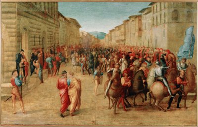 Ranskan kuningas Kaarle VIII:n saapuminen Firenzen kaupunkiin (öljy puulle) tekijältä Francesco Granacci