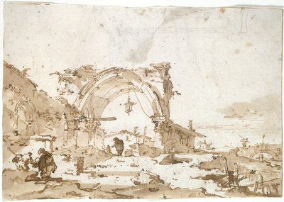 Capriccio, jossa on tuhoutunut goottilainen kaari tekijältä Francesco Guardi