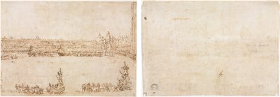 Voittoautojen kulkue Piazza San Marcolla, Venetsiassa, juhlii Conti del Nordin vierailua (recto) Kolme luonnosta kaarista (käänteinen) tekijältä Francesco Guardi