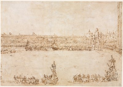 Voittoautojen kulkue Piazza San Marcolla, Venetsiassa, juhlimassa vierailua..., 1782. tekijältä Francesco Guardi