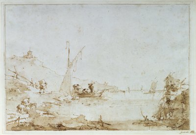 Rannikkokohtaus, n. 1770-80 (kynä ja ruskea pesu mustalla liidulla paperilla) tekijältä Francesco Guardi