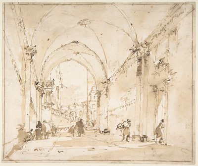 Arkkitehtoninen capriccio: Aukiolle johtava holvikäytävä tekijältä Francesco Guardi