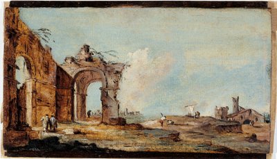 Caprice, jossa on raunioitunut kaari ja kalastajien taloja. tekijältä Francesco Guardi