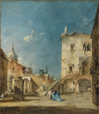Kuvitteellinen näkymä venetsialaiselle aukiolle tai Campolle, noin 1780. tekijältä Francesco Guardi