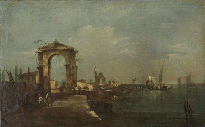 Maisema laiturilla ja laivoilla järvellä tekijältä Francesco Guardi