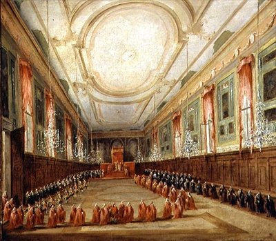 Paavi Pius VI (1717-99) ja doge Paolo Renier SS:n kirkossa. Giovanni ja Paolo (öljy kankaalle) tekijältä Francesco Guardi