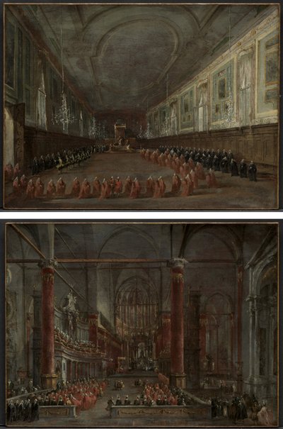 Paavi Pius VI laskeutuu valtaistuimelle lähteäkseen Dogesta SS-salissa. Giovanni e Paolo, 1782 ja paavillinen seremonia SS:ssä. Giovanni e Paolo, Venetsia, 1782 (pari) tekijältä Francesco Guardi