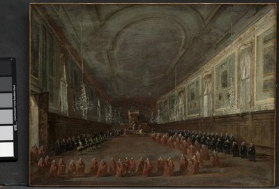 Paavi Pius VI laskeutuu valtaistuimelle lähteäkseen Dogesta SS-salissa. Giovanni e Paolo, 1782 ja paavillinen seremonia SS:ssä. Giovanni e Paolo, Venetsia, 1782, n. 1783 tekijältä Francesco Guardi