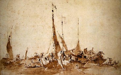 Kalastusveneiden tutkimukset (kynä ja muste ja pesu paperille) tekijältä Francesco Guardi