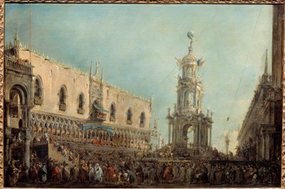 Venetsian doge osallistuu Gras Torstain juhliin Piazzetta di San Marcolla Doge Alvise IV Mocenigo (1701-1778) osallistuu akrobaattisiin esityksiin Dogen palatsin parvekkeelta. Francesco Guardin (1712-1793) maalaus 1766-1770 su. 0,67 x 1 m tekijältä Francesco Guardi
