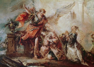 Tobiaksen häät, yksityiskohta Saran ja Tobiaksen parista Rafaelin välittäjän edessä kiittäen Jumalaa, n. 1750 tekijältä Francesco Guardi
