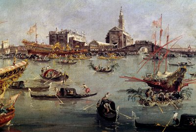 Doge Bucentauruksella (Bucentoro) San Nicolossa Lidosta Venetsiaan, Francesco Guardin (1712-1793) helatorstai-maalaus 1700-luvun Pariisissa, Louvre-museo. tekijältä Francesco Guardi