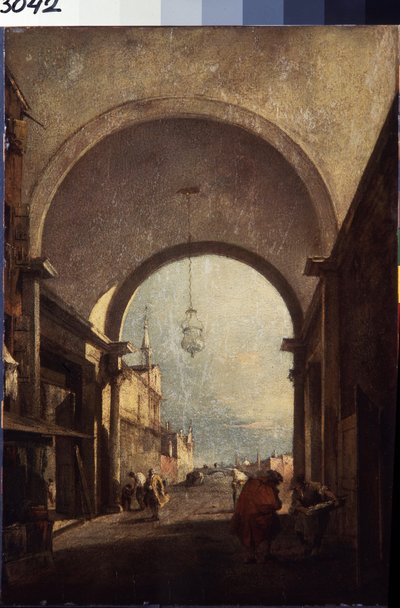 Näkymä Venetsiaan (kaupunkinäkymä). Francesco Guardin (1712-1793) maalaus, noin 1770. Öljy puulle. Rokokootyylinen venetsialainen taide. Pietarin Eremitaaši. tekijältä Francesco Guardi