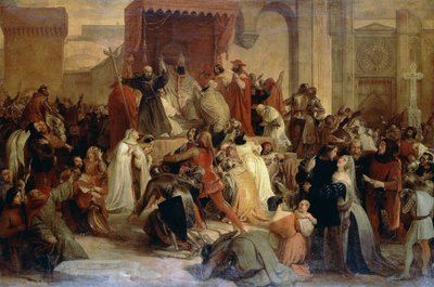 Paavi Urbanus II saarnaa ensimmäistä ristiretkeä aukiolla Clermontissa tekijältä Francesco Hayez