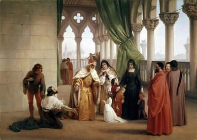 The Two Foscari: Francesco Foscari, Venetsian dogi, joka karkotti poikansa Jacopon syytettynä maanpetoksesta kirjeenvaihdosta maanpaossa (öljy kankaalle, noin 1852) tekijältä Francesco Hayez