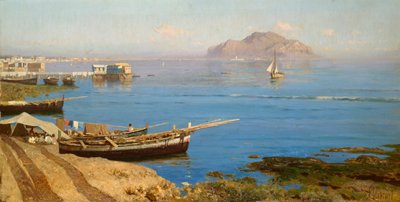 Venesatama veneellä ja kalastajilla, kirjoittanut Francesco Lojacono (1838-1915), öljy kankaalle, 61x118 cm tekijältä Francesco Lojacono