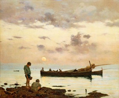 Marina kalastusveneellä ja pojilla, kirjoittanut Francesco Lojacono (1838-1915), öljy kankaalle, 64x77 cm tekijältä Francesco Lojacono