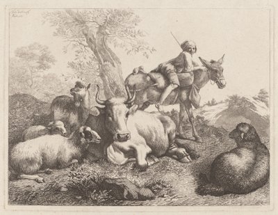 Poika aasin selässä vartioimassa ryhmää eläimiä, 1763. tekijältä Francesco Londonio