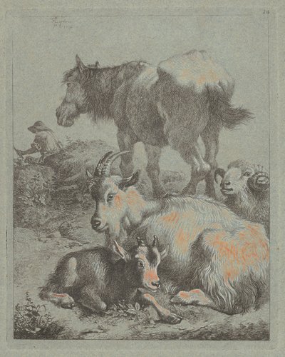 Hevonen, pässi, vuohi pojan kanssa, Kaukana paimen lauman kanssa, 1759. tekijältä Francesco Londonio