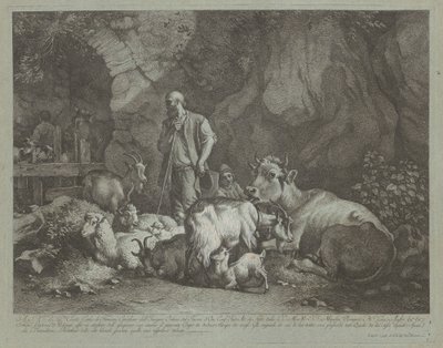 Vanha, kaljupäinen paimen, istuva paimenpoika ja lauma, vuoden 1766 jälkeen. tekijältä Francesco Londonio