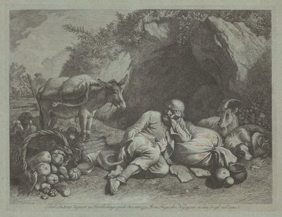 Vanha mies nojaa säkkiä vasten, luultavasti vuoden 1767 jälkeen. tekijältä Francesco Londonio
