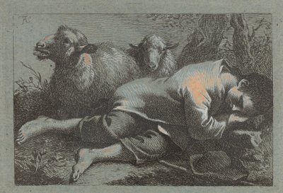 Talonpoika nukkuu lähellä kahta lammasta, 17581759. tekijältä Francesco Londonio