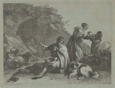 Istuva paimenpoika ja -nainen juomassa lasta, 17591782. tekijältä Francesco Londonio