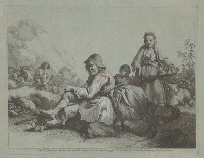 Istuva paimen ja talonpoikainen korin kanssa, 17591782. tekijältä Francesco Londonio