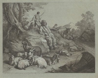 Istuva paimen vuohiparven edessä, vuoden 1766 jälkeen. tekijältä Francesco Londonio