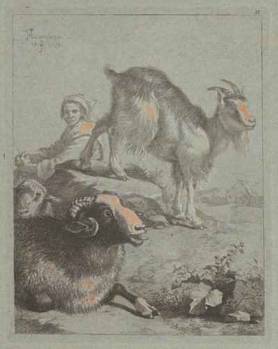 Istuva paimentar, päss, lammas ja vuohi, 1759. tekijältä Francesco Londonio