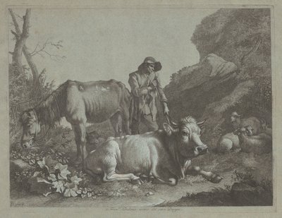 Paimen lepää kävelysauvalla vanhan hevosen ja makuuasennossa olevan härän kanssa, vuoden 1767 jälkeen. tekijältä Francesco Londonio
