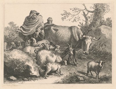 Viitta yllään käyttävä paimen, joka ajaa laumaa, vuoden 1776 jälkeen. tekijältä Francesco Londonio