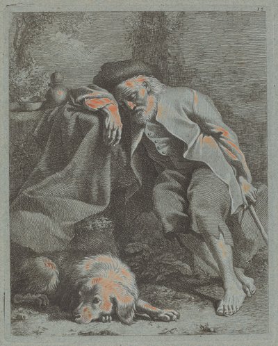 Nukkuva vanha mies koiran kanssa, 1759. tekijältä Francesco Londonio