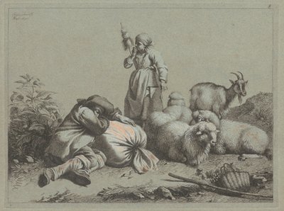 Nukkuva talonpoika ja seisova kehrä, 1763. tekijältä Francesco Londonio