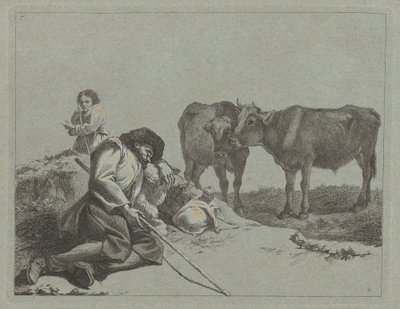 Nukkuva paimen, kaksi vasikkaa ja talonpoikainen, 17621763. tekijältä Francesco Londonio