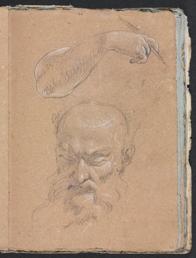 Verona Sketchbook: Parrakkaan miehen pää ja oikea käsi ja käsi, sivu 59, 1760. tekijältä Francesco Lorenzi