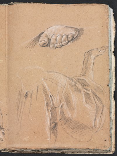 Verona Sketchbook: Tutkimus vasemmasta jalasta ja verhoista oikealla kädellä sivu 79, 1760. tekijältä Francesco Lorenzi